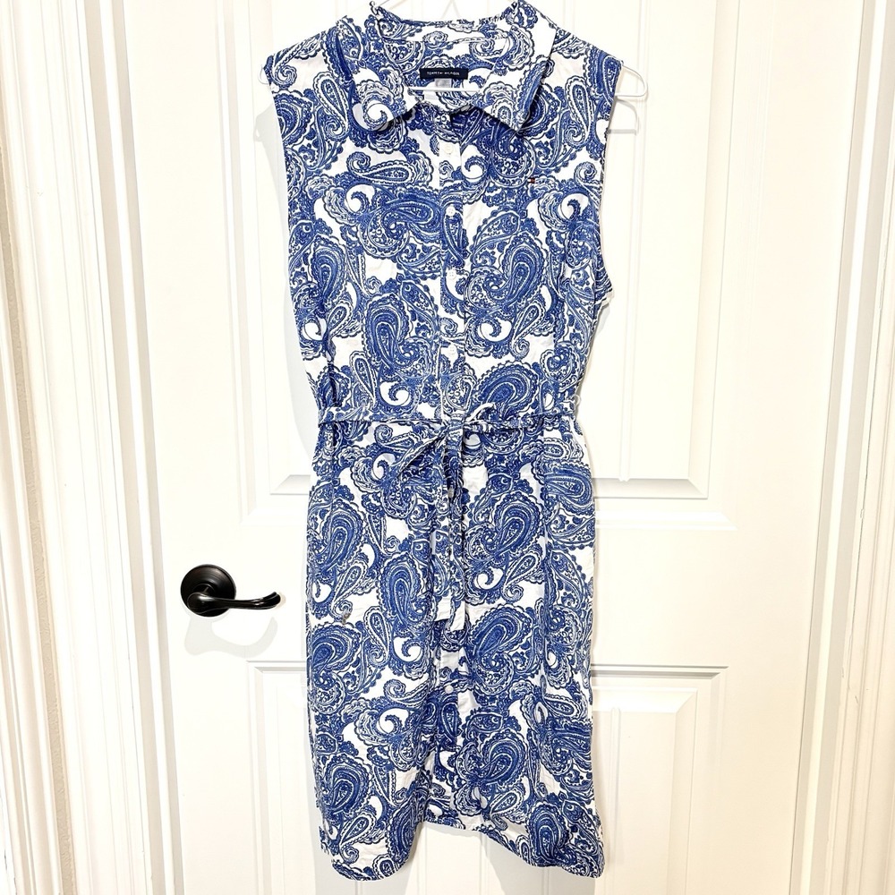Navy Blue White Paisley Cotton Tie Waist Shirt Dress Women's 14 Beachy Coastal